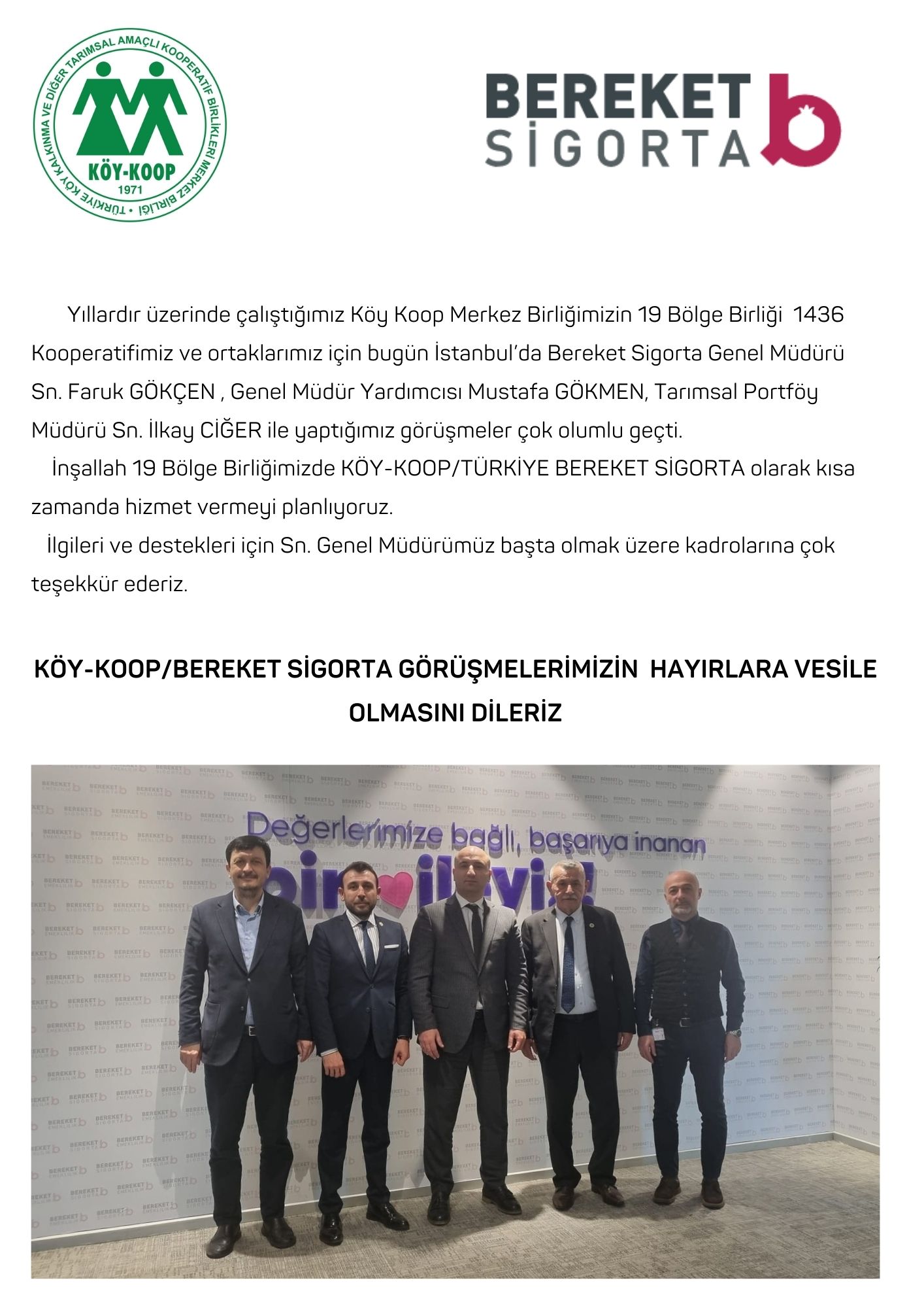 KÖY KOOP MERKEZ BİRLİĞİ İLE BEREKET SİGORTA ARASINDA PROTOKOL İMZALANDI